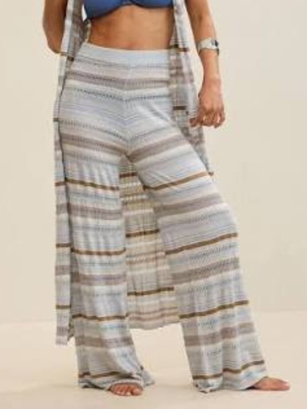 NEW Aerie womens M XL shimmer wide leg pants crochet beach cover up blue striped